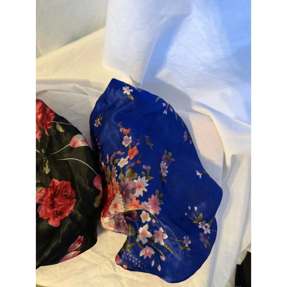 Set of 2 Floral Satin Hair Bonnets Black Red Rose‎ and Blue Blossom Sleep Cap